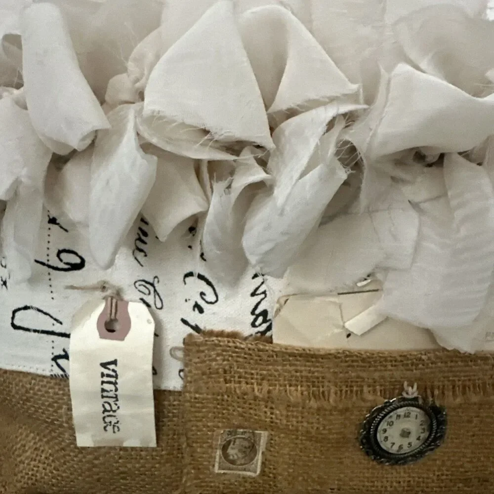 Vintage Burlap Pillow Organza Ruffles  Handwritten Letter Shabby Chic Farmhouse
